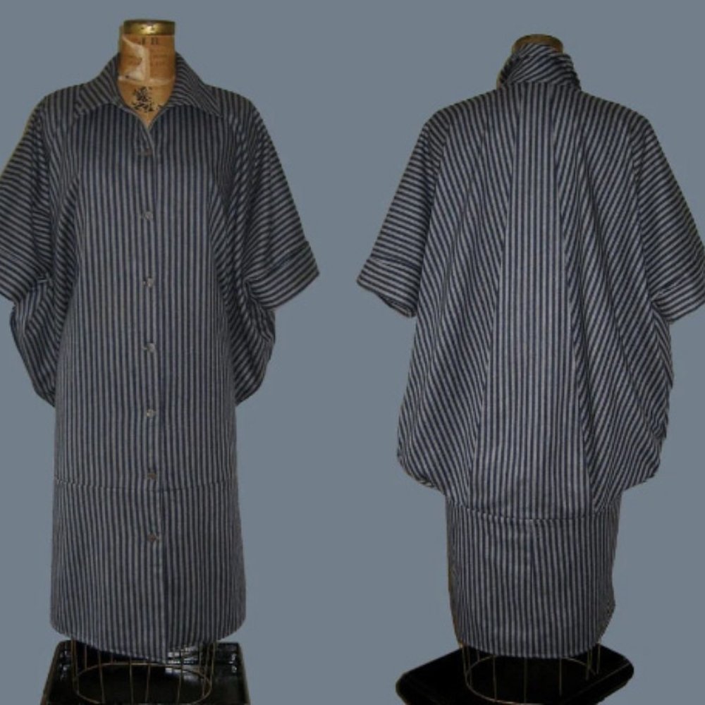 vintage 80's gray stripe dress reminiscent of 20's, bluish gray/navy blue stripe - Picture 3 of 4